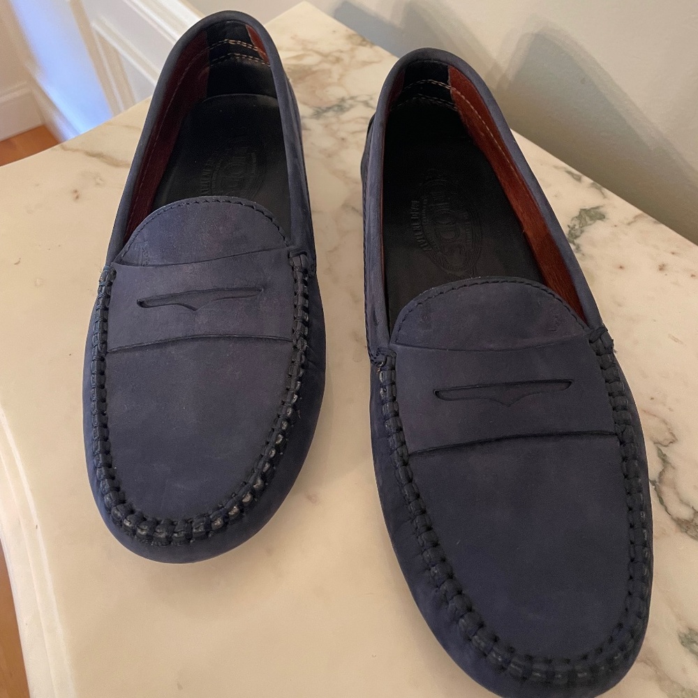 Tod’s Gommino Driving Shoes Navy Blue Suede Luxury Hand Stitched Loafers 9.5